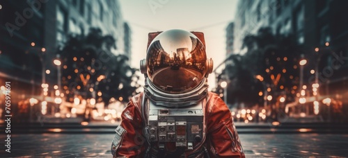 Astronaut in space suit standing in urban landscape. Modern exploration. Banner.