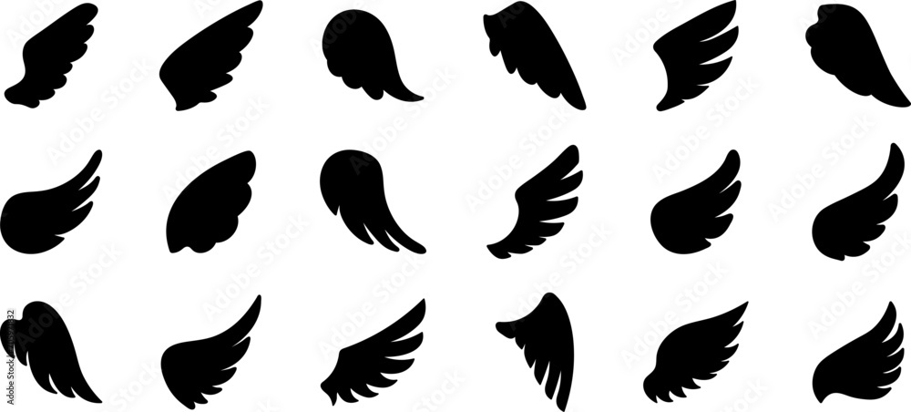 Wings icons. Set of black wings icons. Bird wings, angel wings elements. Wings Collection in different shape. Vector illustration Wings icons. Set of black wings icons. Bird wings, angel wings elements. Wings Collection in different shape. Vector illustration