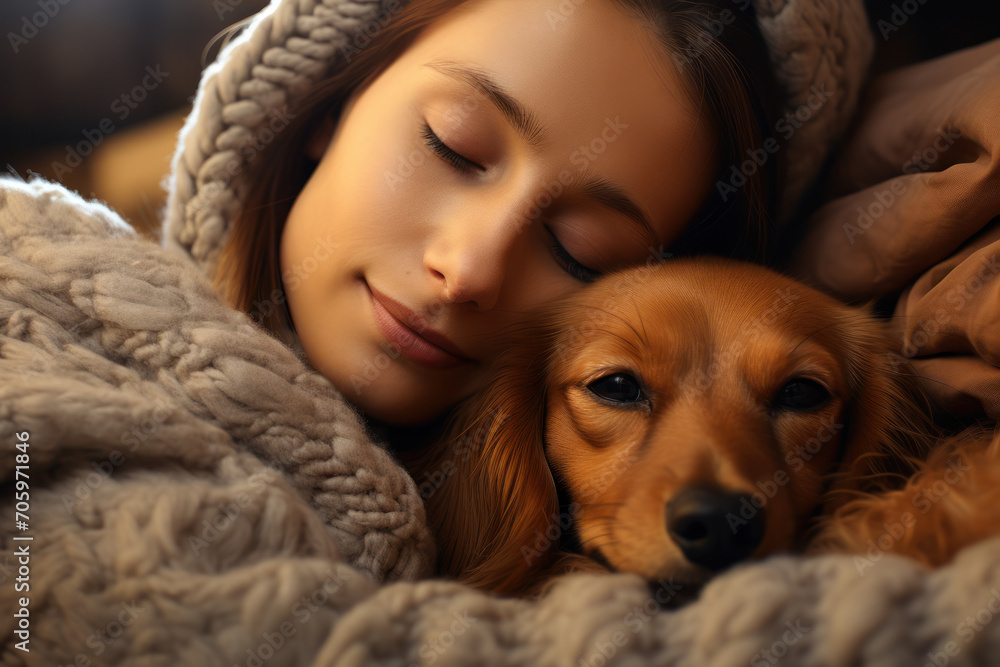 A devoted and affectionate Dachshund snuggling with its owner, embodying the loyalty and loving nature of dogs as cherished companions. Concept of Dachshund devotion. Generative Ai. A devoted and affectionate Dachshund snuggling with its owner, embodying the loyalty and loving nature of dogs as cherished companions. Concept of Dachshund devotion. Generative Ai.