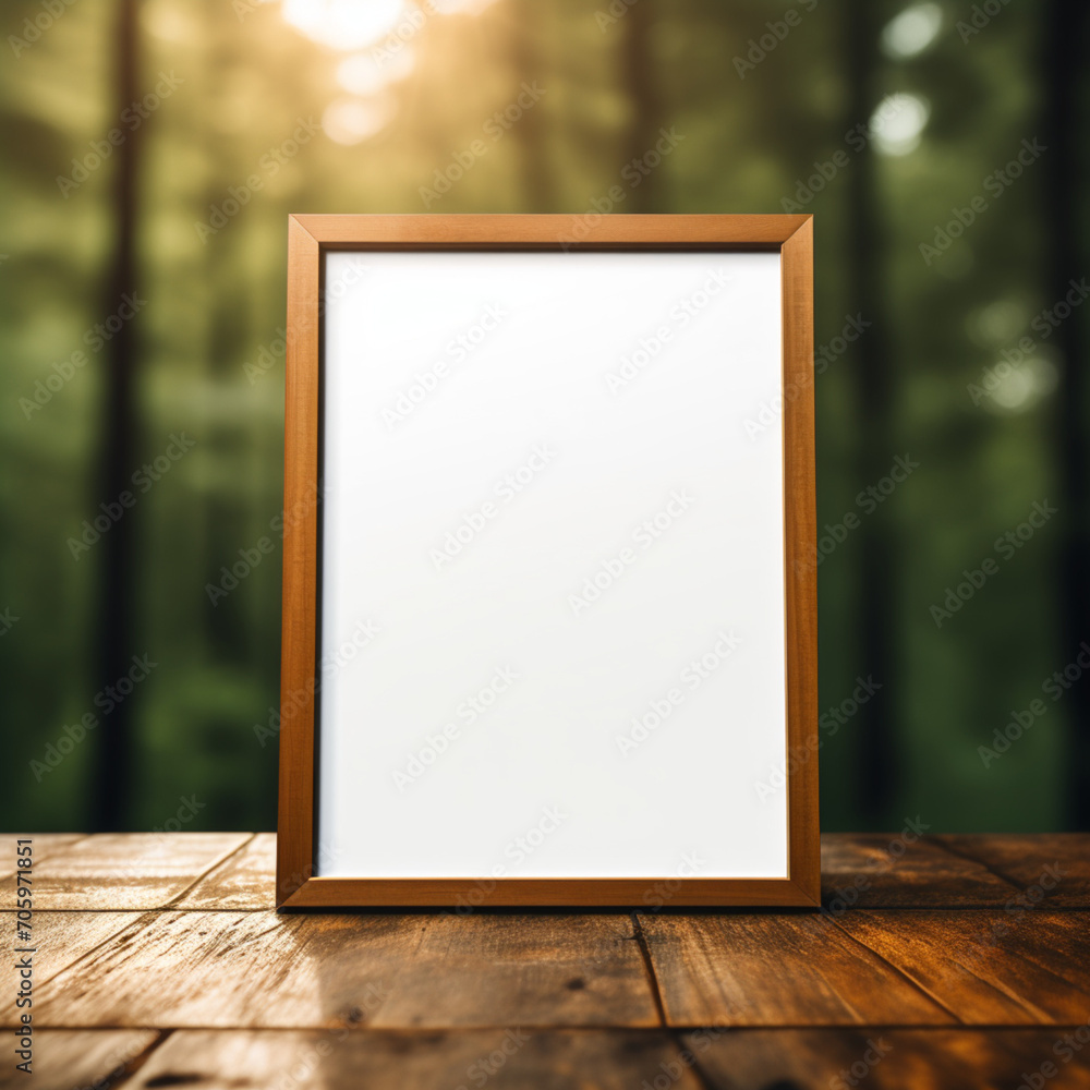 Empty wood frame on table mockup Empty wood frame on table mockup