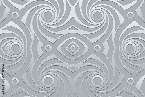Embossed metal background, cover design. Handmade, arabesques, silver texture. Geometric ethnic 3D pattern. Ornamental decorative art of the East, Asia, India, Mexico, Aztec, Peru. © swetazwet