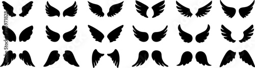 Wings icons. Set of black wings icons. Bird wings, angel wings elements. Wings Collection in different shape. Vector illustration