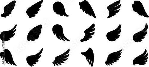 Wings icons. Set of black wings icons. Bird wings, angel wings elements. Wings Collection in different shape. Vector illustration