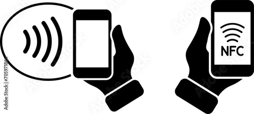 NFC wireless payment technology icons. Contactless NFC payment. NFC payment with smartphone. Contact less. NFC payment with mobile phone. Credit card. Contactless wireless pay, tap pay wave sign