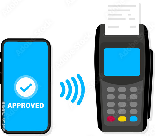 Contactless payment. Smartphone with Online Payment. NFC payments. POS terminal with smartphone and credit card. Wireless, contactless or cashless payments. Accepting payment at POS terminal