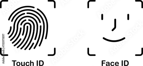 Face ID icon. Touch ID. Identification icons. Facial recognition system, identification face. Finger scanner. Biometric verification. Vector illustration
