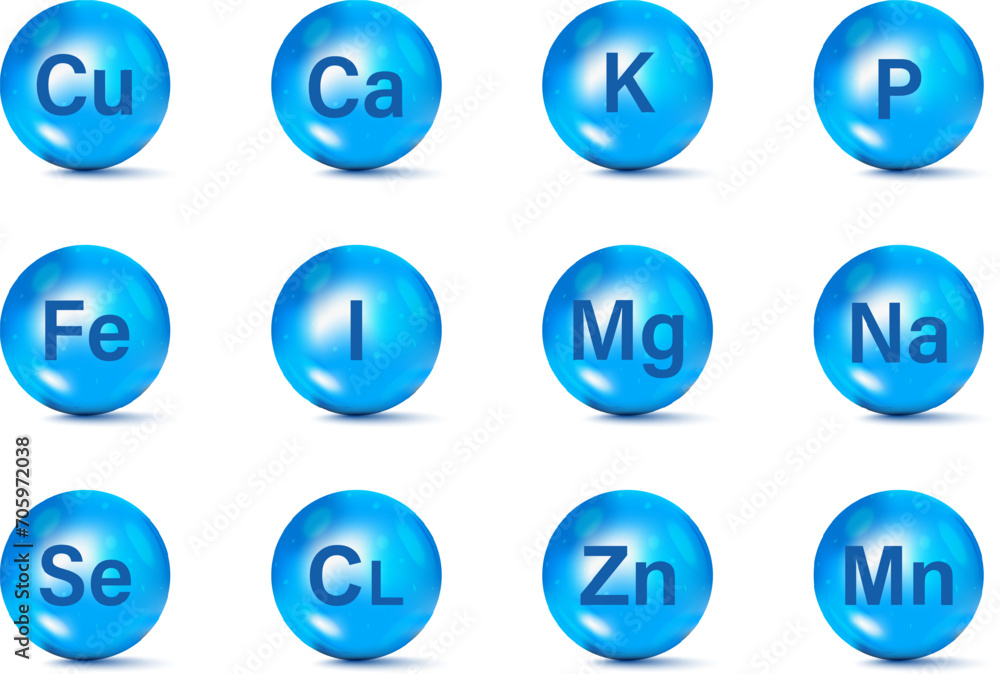 Vitamin and mineral complex. Set of Essential Mineral supplement icons. Minerals and vitamin complex. Calcium Zinc Magnesium Manganese Iron Molybdenite Iodine Cobalt Chromium Copper Potassium Silicon Vitamin and mineral complex. Set of Essential Mineral supplement icons. Minerals and vitamin complex. Calcium Zinc Magnesium Manganese Iron Molybdenite Iodine Cobalt Chromium Copper Potassium Silicon