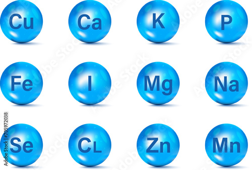 Vitamin and mineral complex. Set of Essential Mineral supplement icons. Minerals and vitamin complex. Calcium Zinc Magnesium Manganese Iron Molybdenite Iodine Cobalt Chromium Copper Potassium Silicon