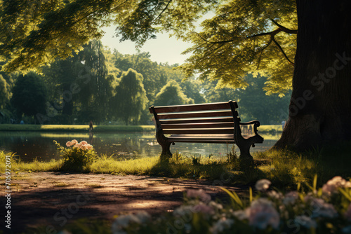 A tranquil park bathed in the soft glow of the afternoon sun, inviting relaxation and contemplation amid nature's beauty. Concept of afternoon tranquility. Generative Ai.