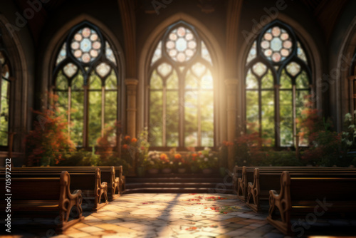 A quiet chapel with sunlight streaming through stained glass windows, creating a serene atmosphere for contemplation during midday. Concept of chapel tranquility. Generative Ai.