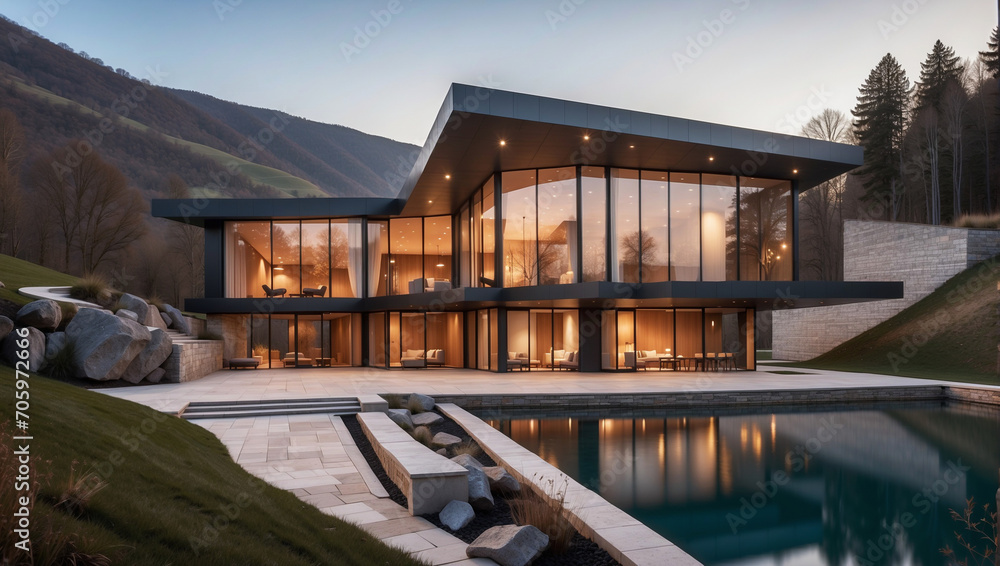 Lujosa casa de arquitectura moderna en la montaña, de líneas rectas, con vistas a un increíble lago natural - obrazy, fototapety, plakaty 