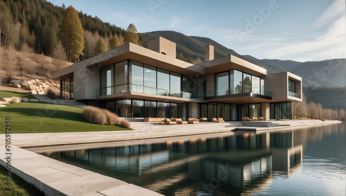 Lujosa casa de arquitectura moderna en la montaña, de líneas rectas, con vistas a un increíble lago natural © Nautilus One