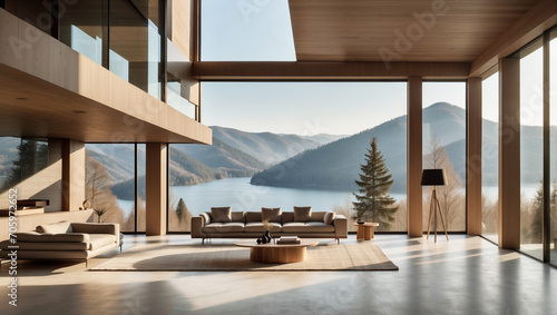 Lujosa casa de arquitectura moderna en la montaña, de líneas rectas, con vistas a un increíble lago natural