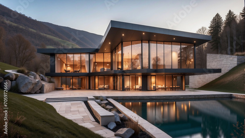 Lujosa casa de arquitectura moderna en la montaña, de líneas rectas, con vistas a un increíble lago natural photo