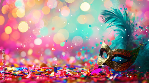 colorful confetti and carnival decoration in front of colorful background with bokeh for carnival