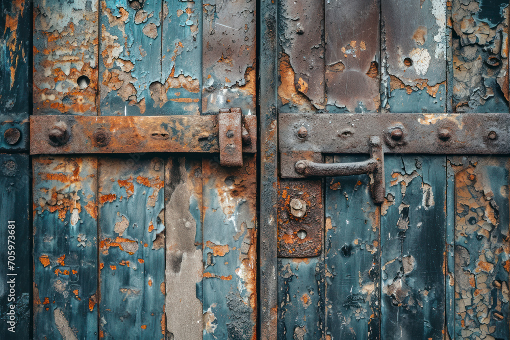 Rustic metal door with peeling paint, an image showcasing a weathered metal door with peeling paint, rust, and aged textures.