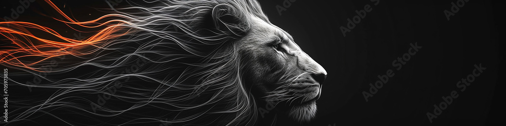Lion head with smoke on black background, panoramic banner