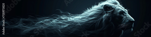 Lion with blue smoke on dark background, banner. 3D rendering