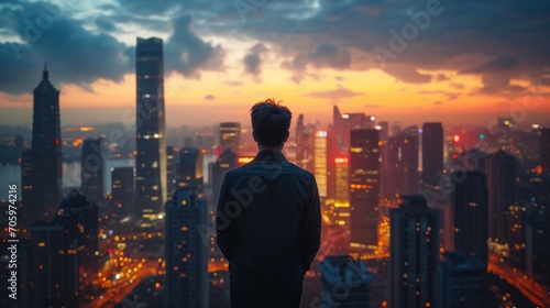 businessperson on a high-rise building's rooftop, looking out at the city skyline. The city is bathed in the early evening light