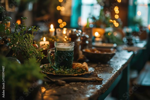 Man's hand holding a glass of beer on a blurred bokeh background with copy space. Group of friends drinking beer and having fun. Irish Pub. Saint Patrick's Day Concept. 