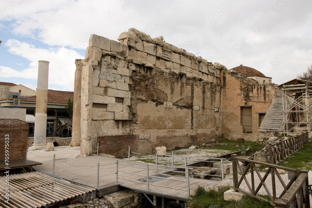 Ancient Ruins of Hadrian’s library on the North Side of the Acropolis Athens, Greece