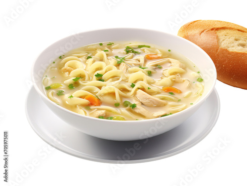a bowl of soup with noodles and bread