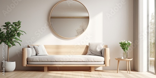 Modern design  open-plan apartment with light walls  wooden floor  stylish entrance hall  beautiful vase  round mirror  and guest sofa.