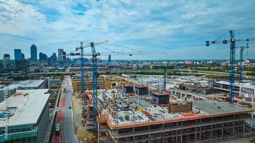 Aerial View of Urban Construction Cranes and Cityscape, Indianapolis