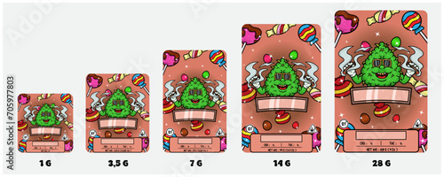 Candy Strains and Weed Bud With Smoking Mascot Cartoon For Product Packaging Cover