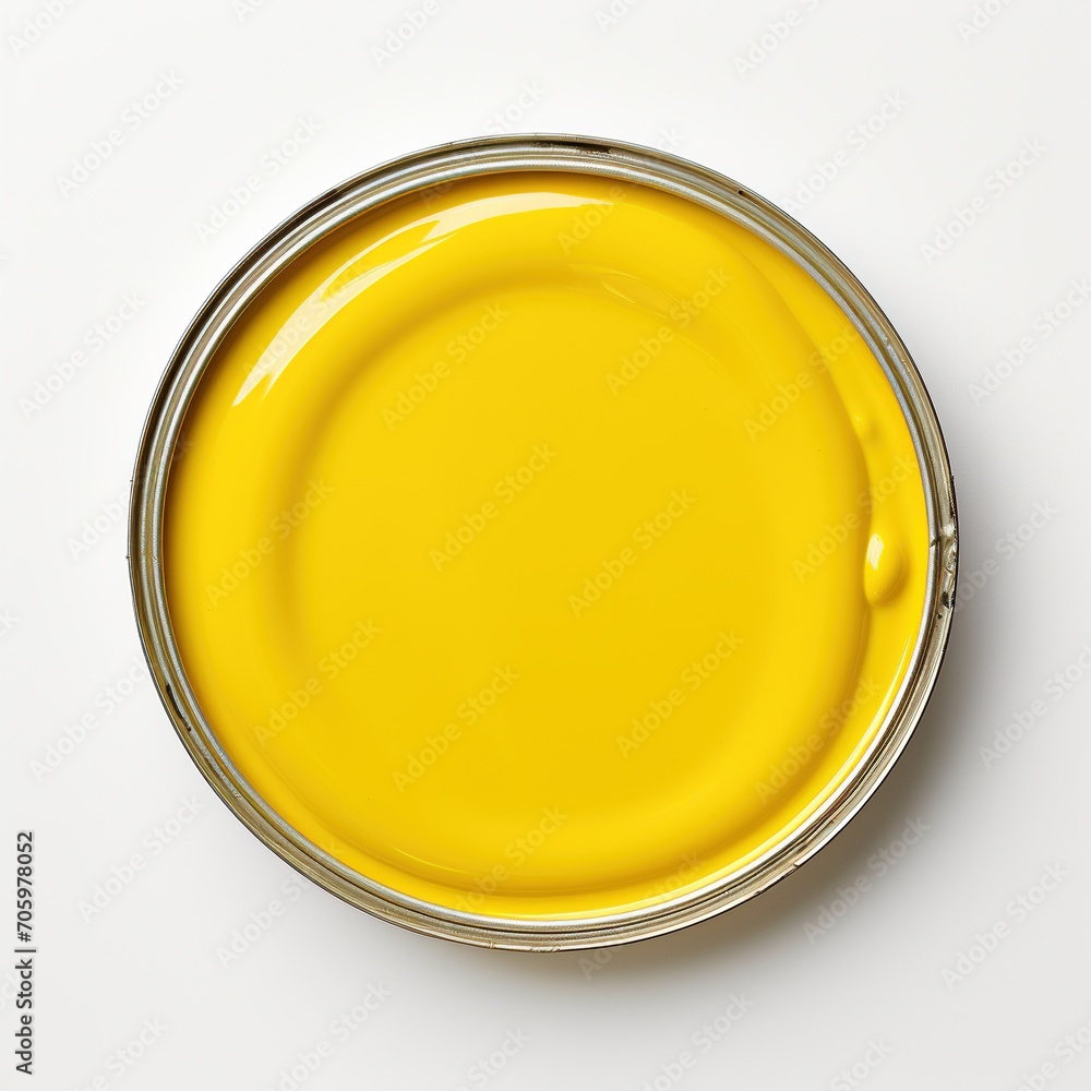 Yellow paint in a metal can isolated on a white background. Round can with bright yellow paint, top view. Homogeneous texture of latex paint close-up. Open container with paint and varnish products. Yellow paint in a metal can isolated on a white background. Round can with bright yellow paint, top view. Homogeneous texture of latex paint close-up. Open container with paint and varnish products.