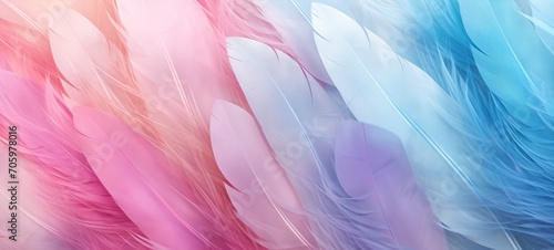 A delicate feather texture flows in a gradient of blush to azure, perfect for backgrounds in creative projects, emphasizing themes of lightness and ethereal beauty.