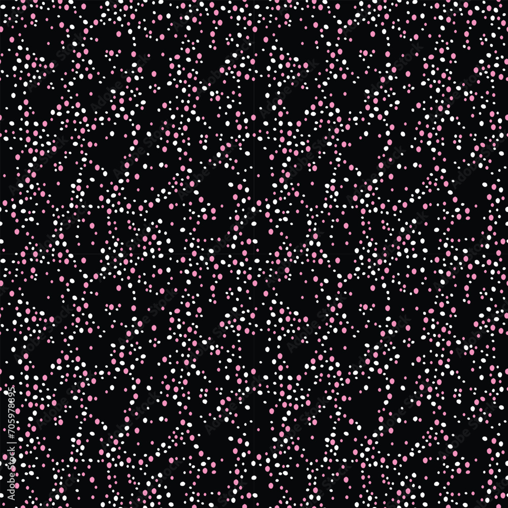 Small to large organic pink and white dots on black background seamless pattern Small to large organic pink and white dots on black background seamless pattern