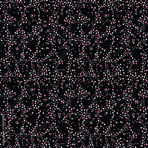 Small to large organic pink and white dots on black background seamless pattern