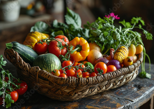 Assorted Vegetable Basket Overflowing With Fresh  Healthy Produce. A diverse array of vibrant vegetables overflows from a basket  ready to bring freshness