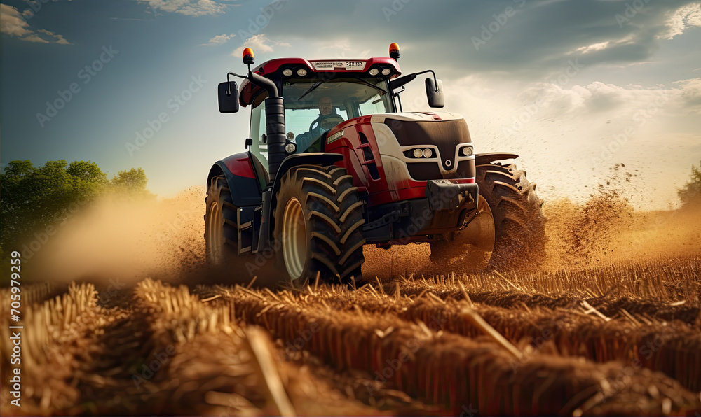 Obraz premium The tractor works the soil in the field with amazing background