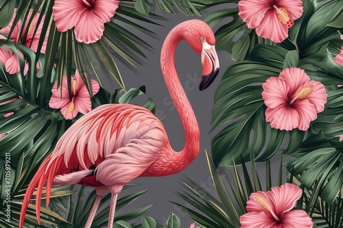 Tropical vintage pink flamingo, pink hibiscus, palm leaves floral seamless pattern grey background. Exotic jungle wallpaper.