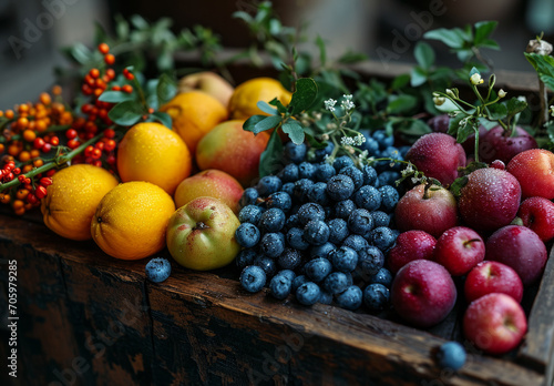 Assorted Fruits Stored in a Wooden Crate With Abundance of Variety. A wooden crate brimming with a diverse assortment of fruits creates a colorful and delicious display.