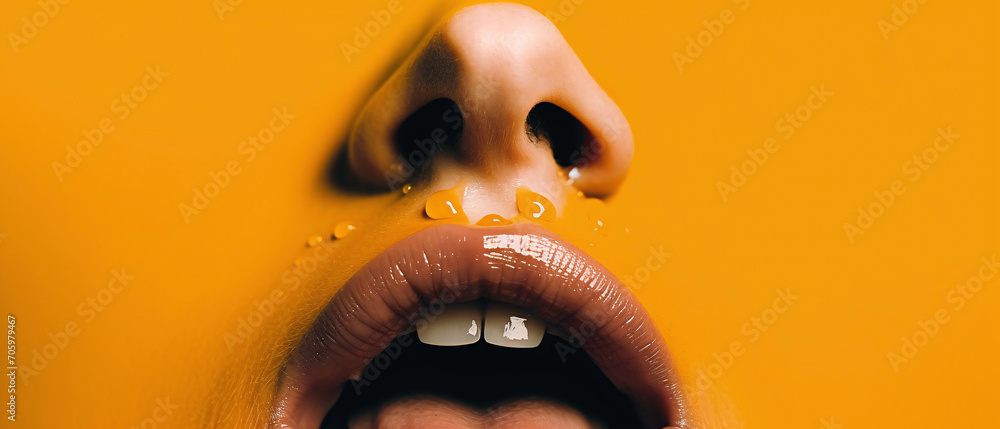 a close up of a woman's lips and a yellow background - obrazy, fototapety, plakaty 