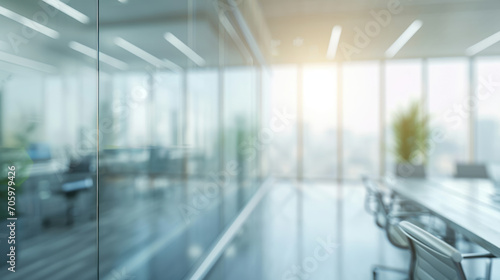 A minimalistic image of a modern office interior with panoramic windows, featuring a beautiful blurred background.