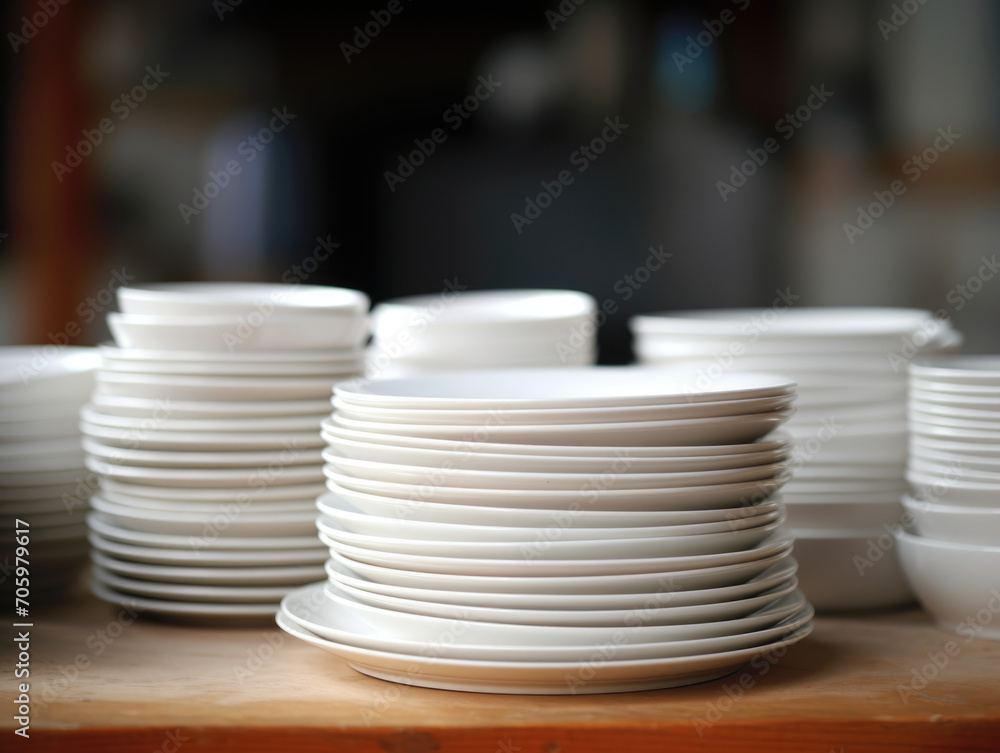 Close-up of a neatly arranged stack of plain white dishes. Close-up of a neatly arranged stack of plain white dishes.