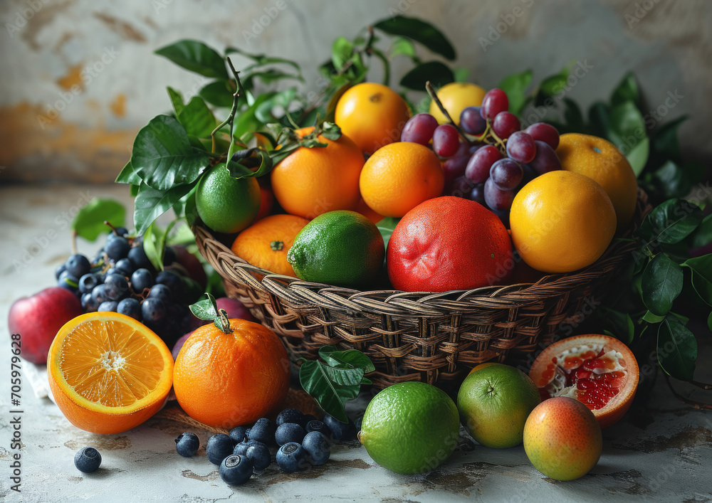 Basket Filled With Assorted Fresh Fruit, Apple, Banana, Orange, Grape, Watermelon, and More. A colorful assortment of fresh fruit fills a basket Basket Filled With Assorted Fresh Fruit, Apple, Banana, Orange, Grape, Watermelon, and More. A colorful assortment of fresh fruit fills a basket