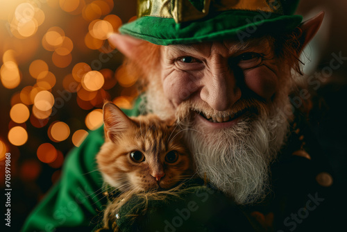 AI Generated Image of smiling senior male leprechaun wearing St Patrick costume holding little cat photo