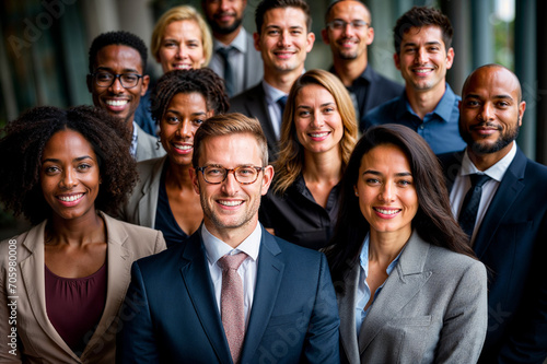 AI Generated Image of diverse group of professional businesspeople smiling confidently in formal attire representing teamwork and inclusivity photo