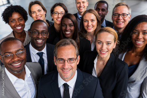 AI Generated Image top view of diverse group of professional businesspeople smiling confidently in formal attire representing teamwork and inclusivity photo