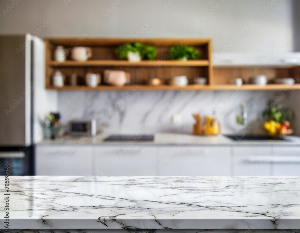 Selective focus on an empty marble countertop with copy space for display products with a blurred white kitchen in the background.