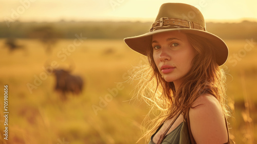 A young woman in safari attire and a hat explores the African savanna with blurred wildlife in the background.