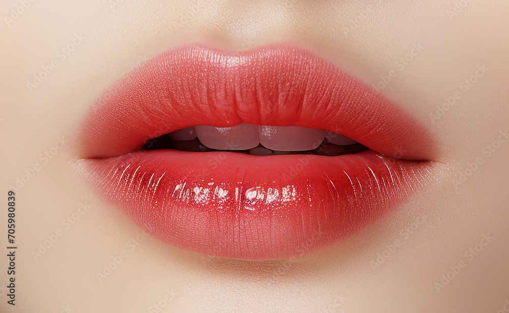 Close-up of lips. Bulky lips with a dewy gloss. Close up of beautiful female lips. Detailed shot of females lips wearing lipstick. Perfect make-up. Beauty, fashion. Close-up of lips. Bulky lips with a dewy gloss. Close up of beautiful female lips. Detailed shot of females lips wearing lipstick. Perfect make-up. Beauty, fashion.