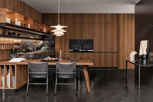Modern luxury kitchen interior in minimal scandinavian style, 3d rendering © dima