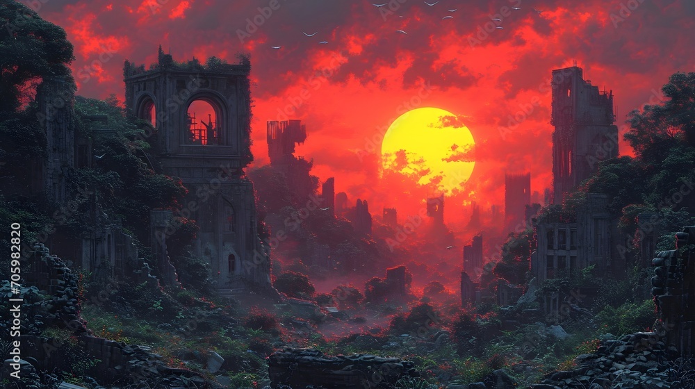 Majestic Sunset Over a Forgotten City Engulfed by Natures Embrace. The sun dips below the horizon, casting a fiery glow over a once-bustling city now reclaimed by the relentless growth of foliage. Majestic Sunset Over a Forgotten City Engulfed by Natures Embrace. The sun dips below the horizon, casting a fiery glow over a once-bustling city now reclaimed by the relentless growth of foliage.