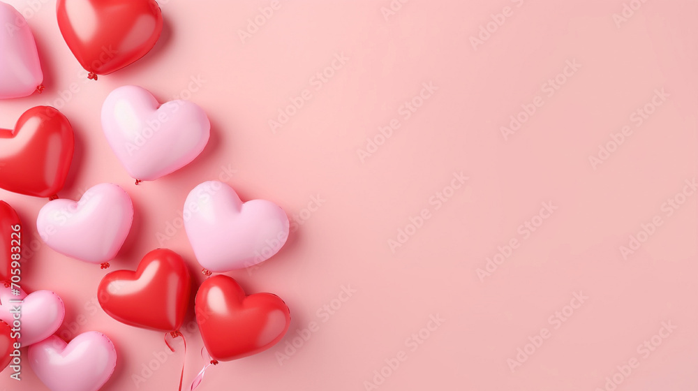 Valentine's day background with red and pink hearts on pink background. Delicate heart-shaped balloon background with space for text. Postcard design.